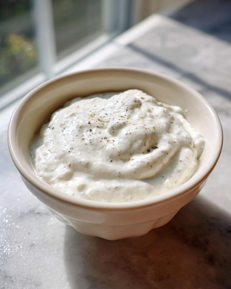 A small white bowl filled with thick, white creamy horseradish sauce, topped with cracked black pepper.