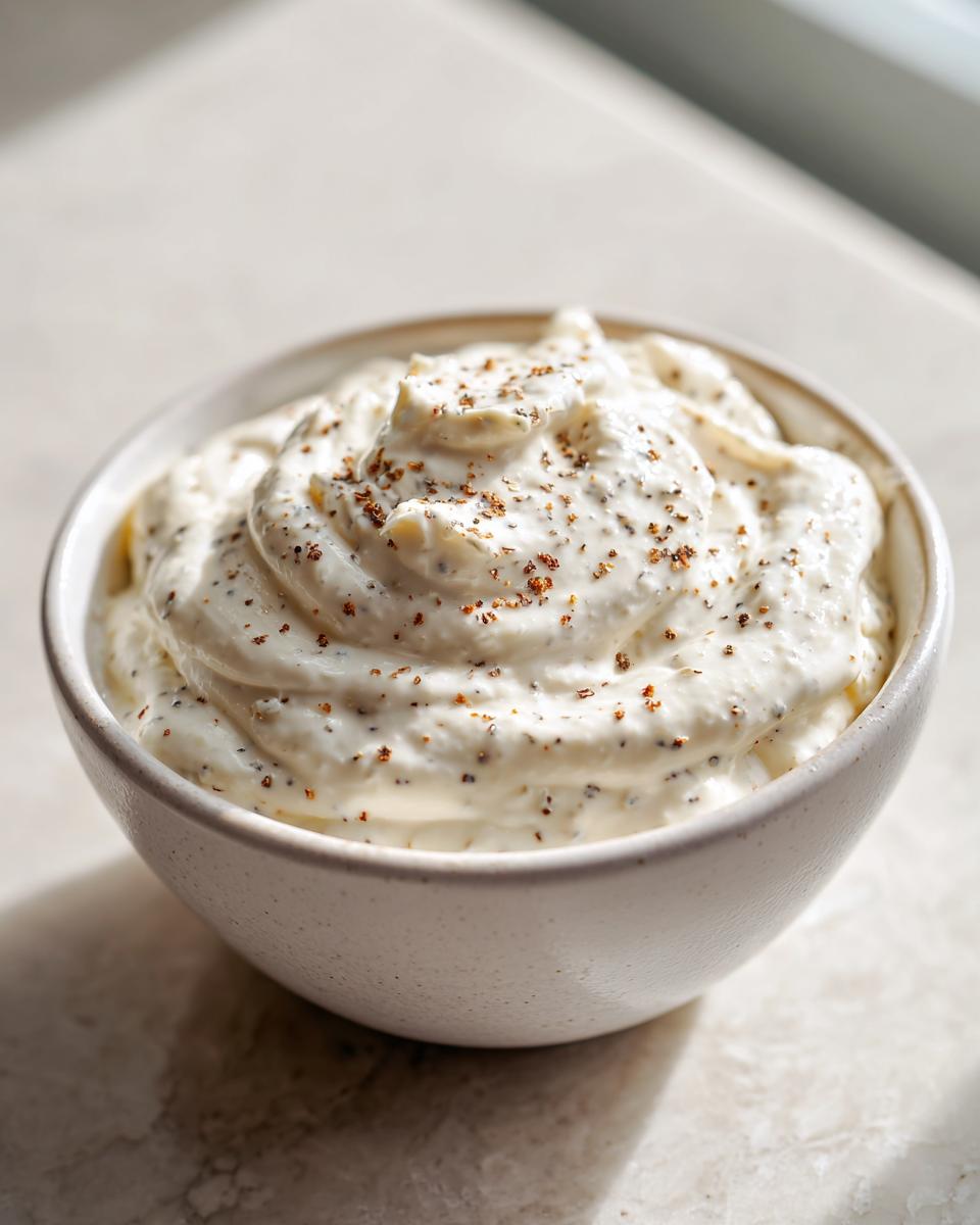 A bowl of thick, creamy horseradish sauce speckled with dark spices, ready to serve.