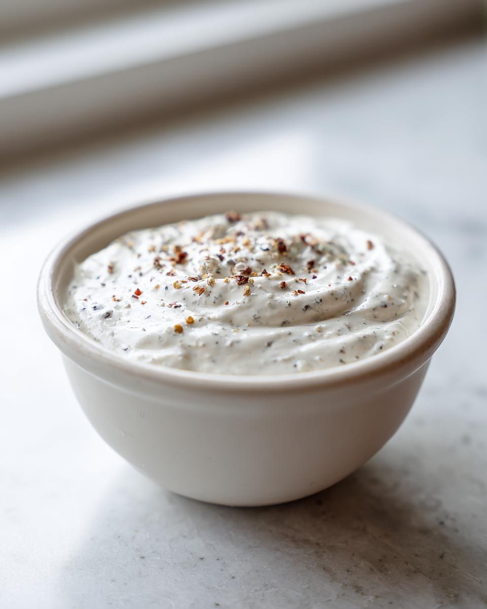 A close-up of creamy homemade horseradish sauce, topped with cracked pepper and spices, served in a small white bowl.