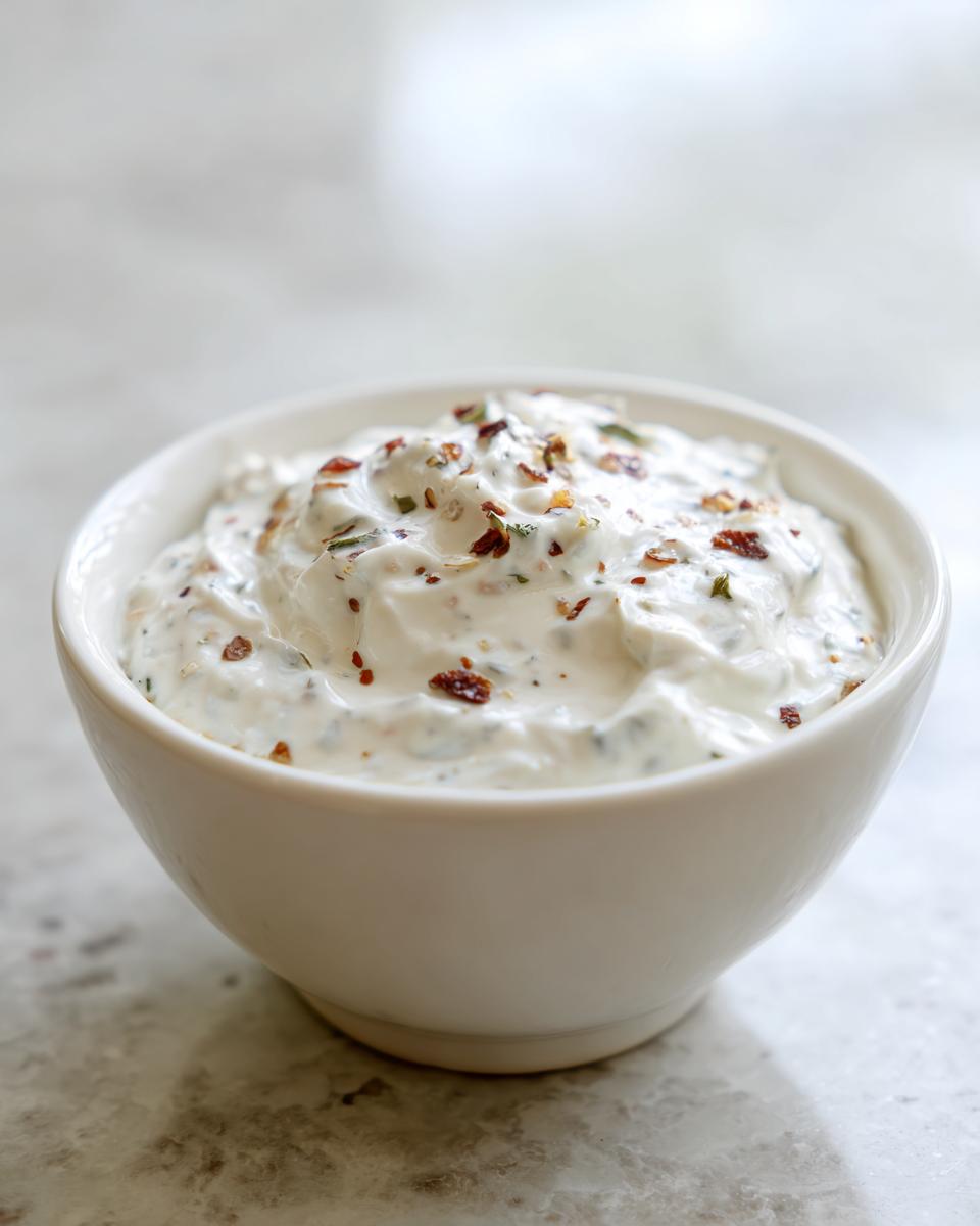 A close-up of a creamy white horseradish sauce, topped with dried herbs and spices, served in a small white bowl.
