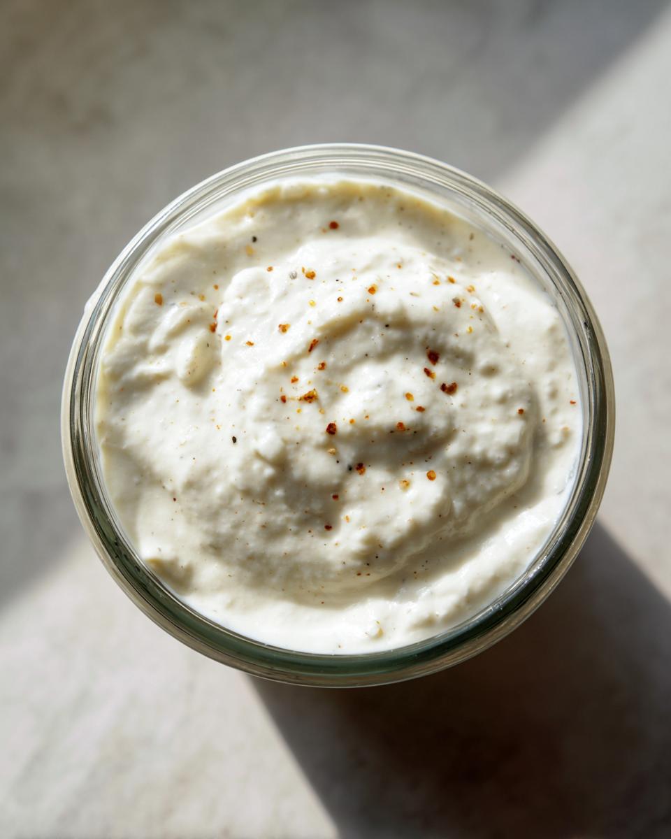 Overhead view of thick, white creamy horseradish sauce topped with pepper flakes in a glass jar.