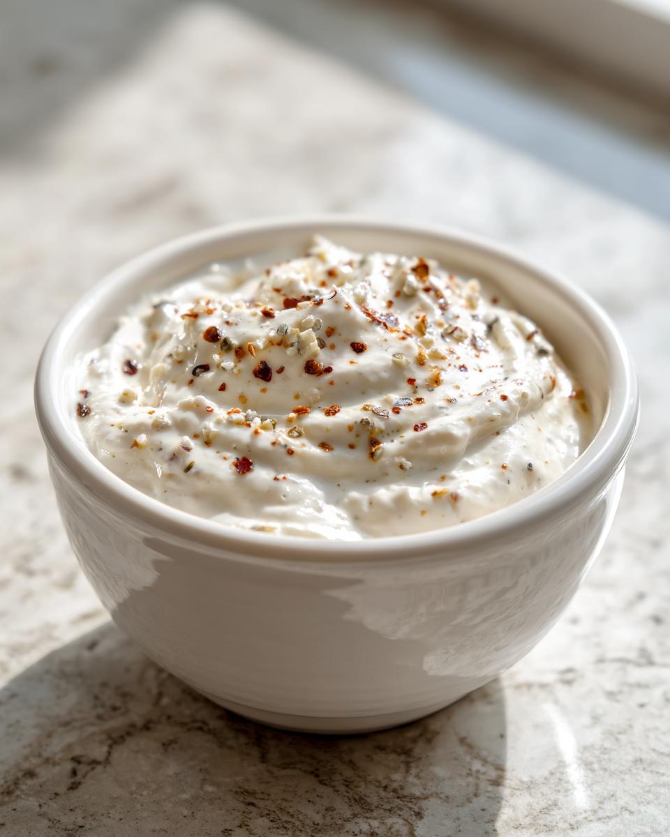 A white bowl filled with creamy homemade horseradish sauce, topped with visible spices and chili flakes.