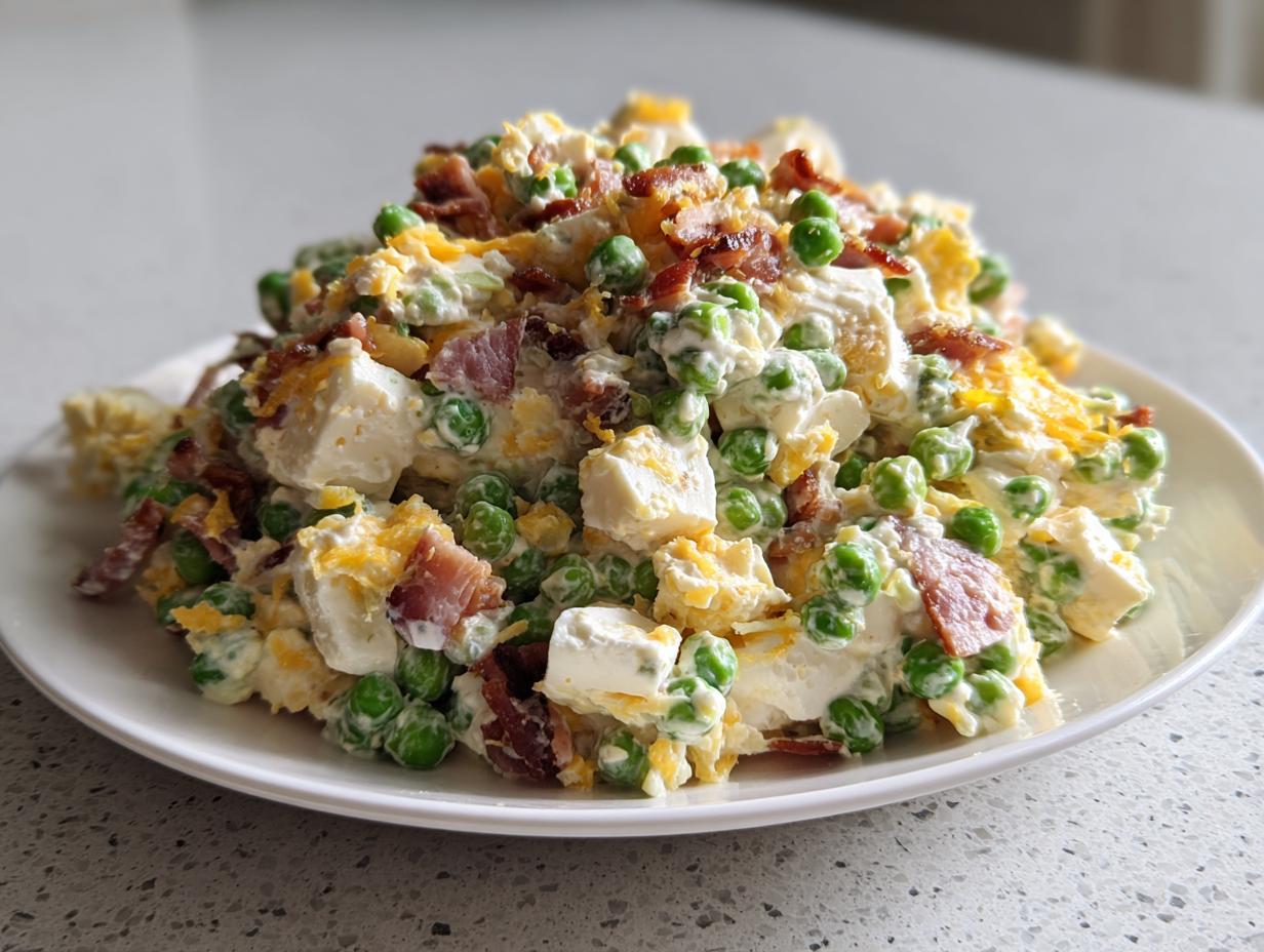 A generous serving of creamy pea salad mixed with chunks of cheese, bacon bits, and shredded cheddar on a white plate.