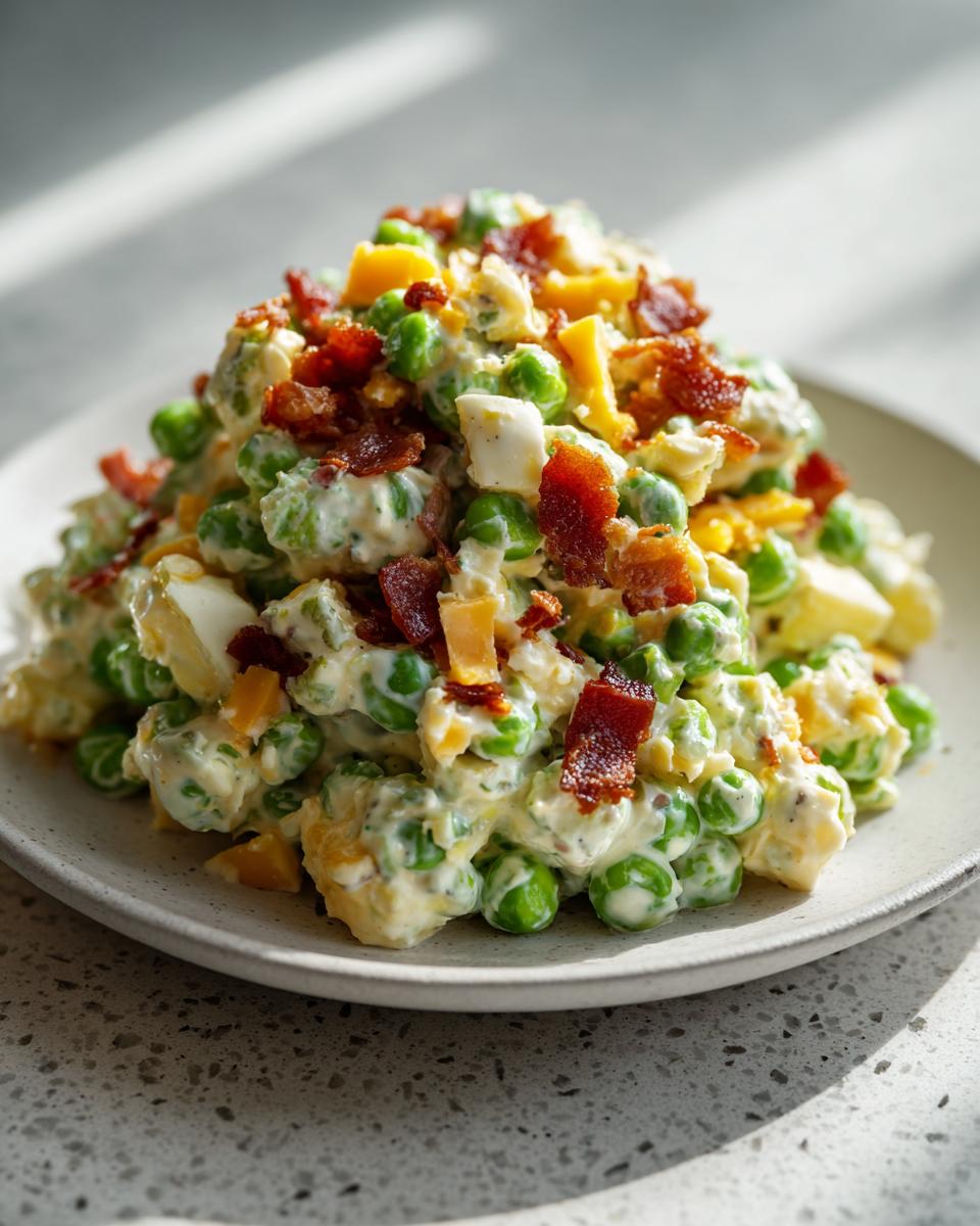 A mound of creamy pea salad mixed with eggs and cheese, generously topped with crispy bacon pieces.