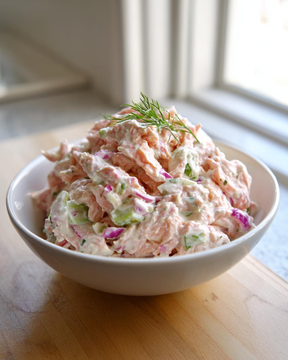A white bowl filled with creamy salmon salad, mixed with celery and red onion, topped with fresh dill.