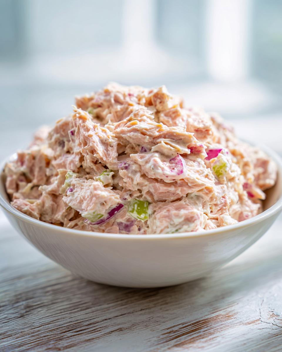 A close-up of a white bowl filled with creamy salmon salad mixed with red onion and celery.