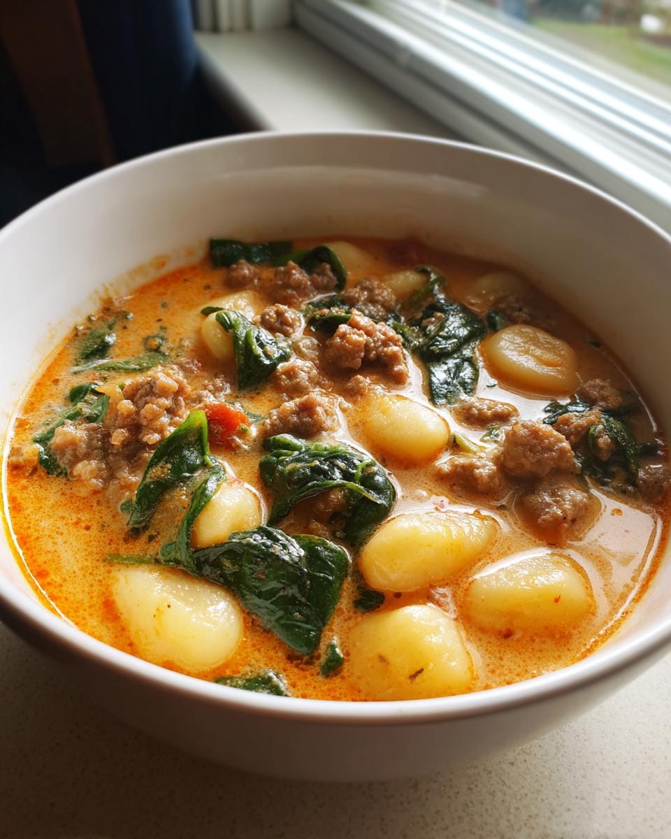 Close-up of a hearty bowl of creamy sausage gnocchi soup with wilted spinach.