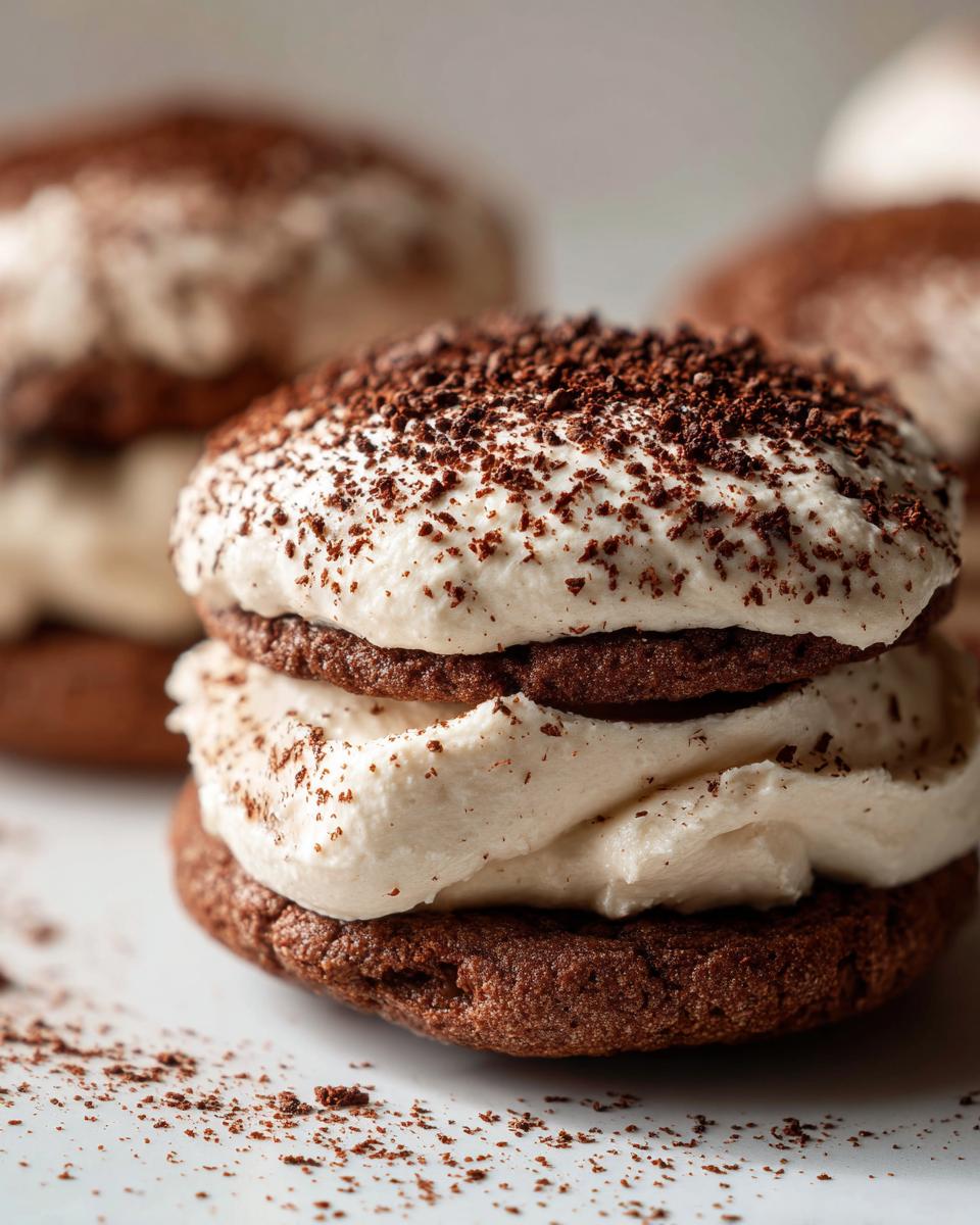 A decadent, stacked tiramisu cookies sandwich filled with white cream and dusted heavily with cocoa powder.