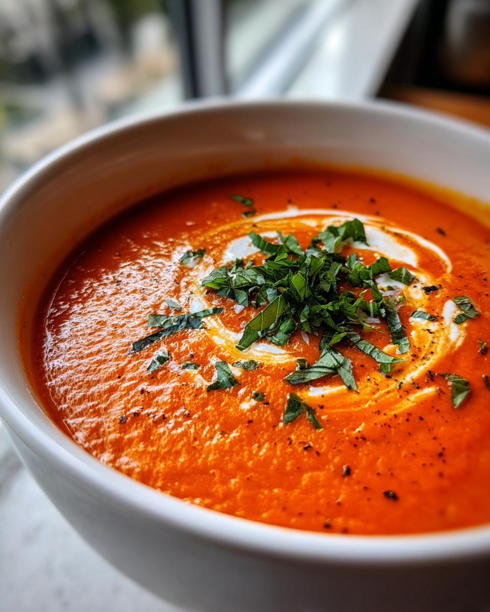 Close-up of rich, vibrant tomato basil soup topped with a swirl of cream and fresh chopped basil.