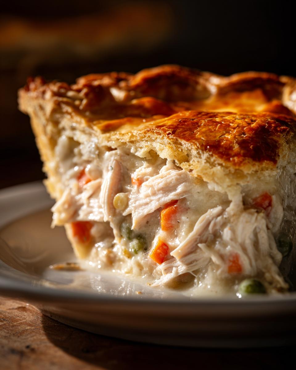 Close-up of a slice of creamy turkey pot pie recipe showing shredded turkey, carrots, and peas inside a flaky, golden-brown crust.