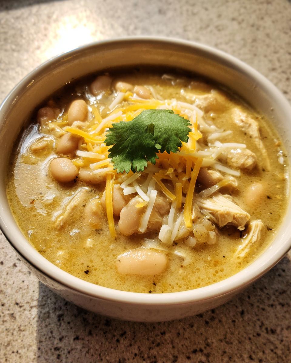 A close-up view of a bowl of creamy white chicken chili topped with shredded cheese and a sprig of cilantro.