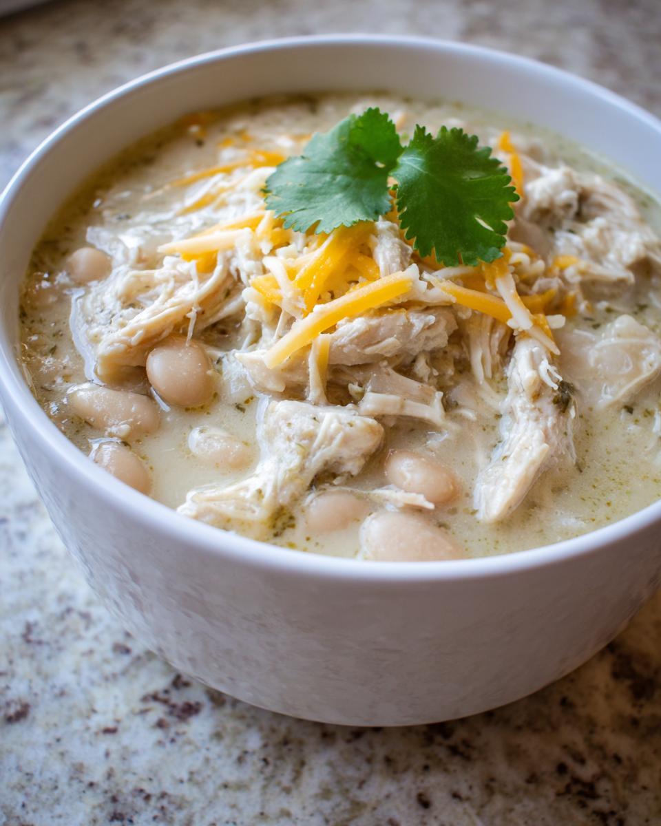 Close-up of a bowl of creamy white chicken chili topped with shredded cheese and fresh cilantro.