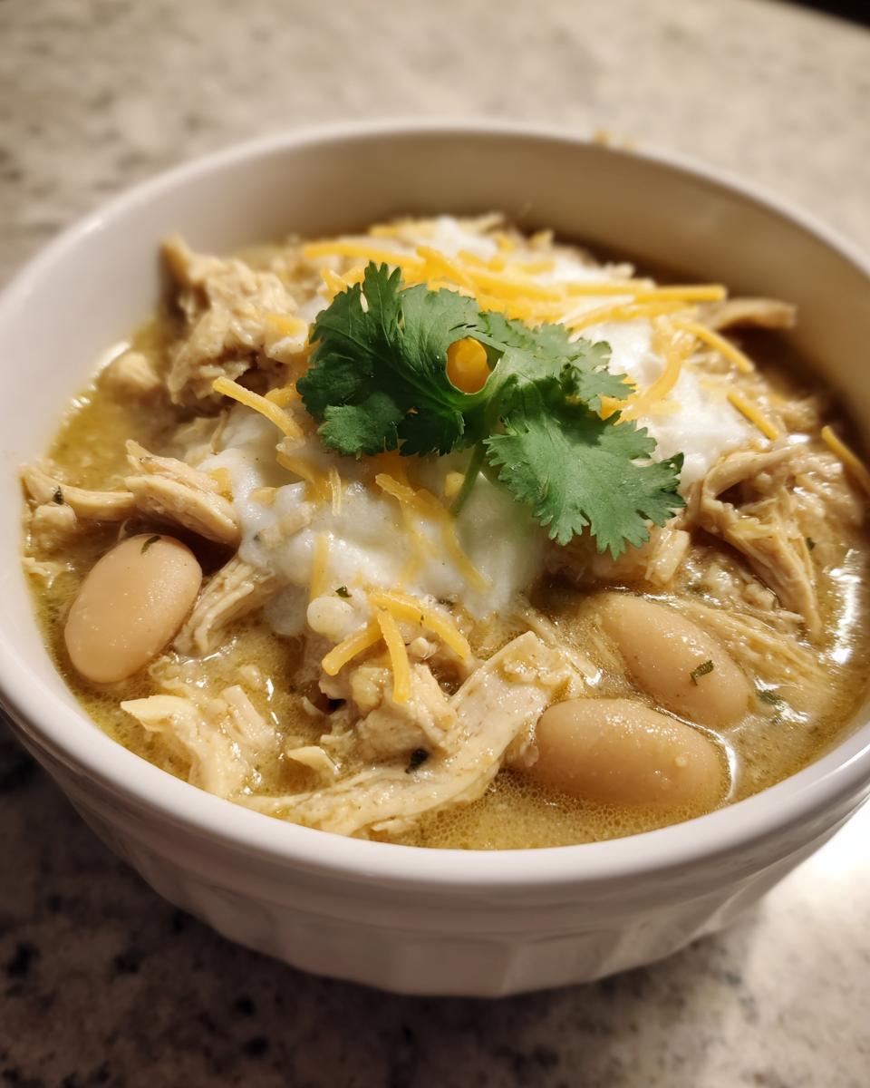 A close-up of a bowl of creamy white chicken chili, topped with shredded cheese, sour cream, and fresh cilantro.