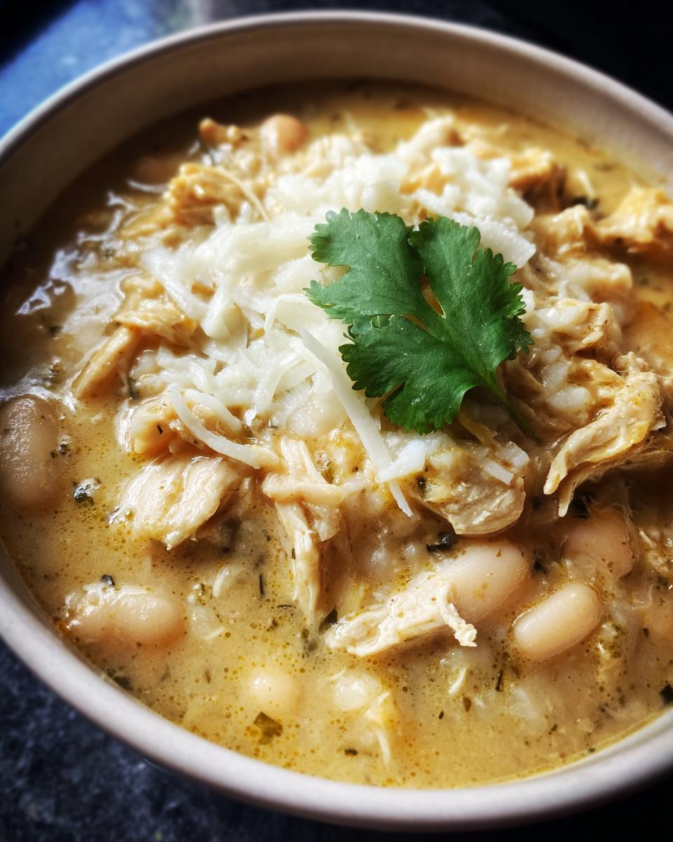 A close-up, overhead view of a bowl of creamy white chicken chili topped with shredded cheese and a cilantro leaf.