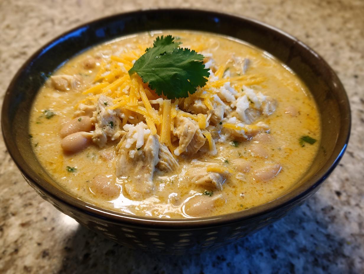Close-up of a dark bowl filled with creamy white chicken chili, topped with shredded cheese, cotija, and cilantro.