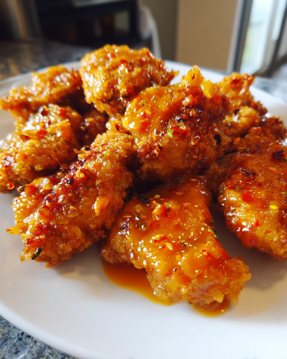 Close-up of crispy, golden brown bang bang chicken pieces generously coated in a sweet and spicy orange glaze.