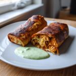 Two golden-brown, crispy chicken Chimichangas served with a dollop of creamy green sauce on a white plate.