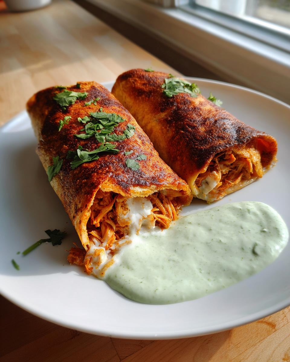 Two golden brown, crispy chicken Chimichangas served on a white plate with a side of creamy green cilantro sauce.