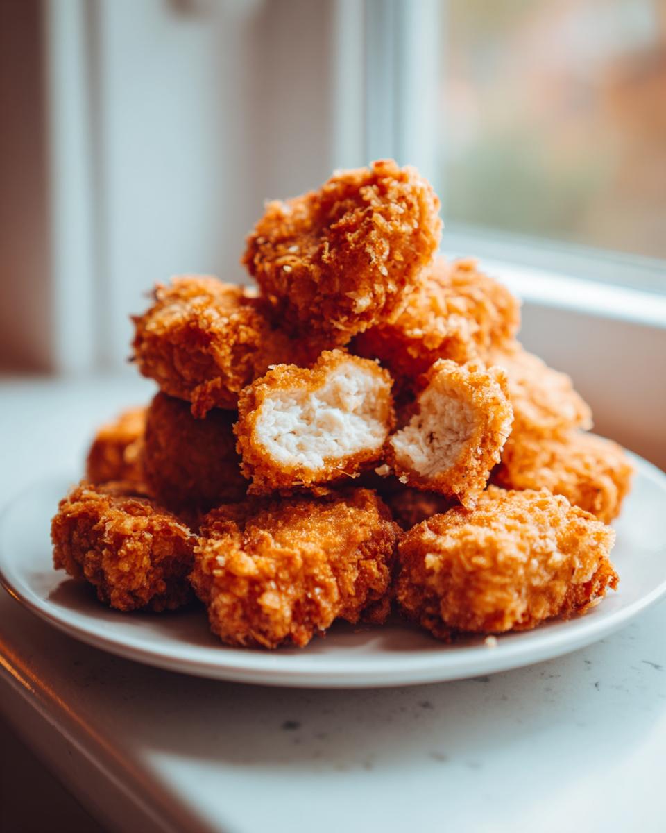 A pile of golden brown, crispy homemade chicken nuggets on a white plate, with one nugget broken open showing the white interior.