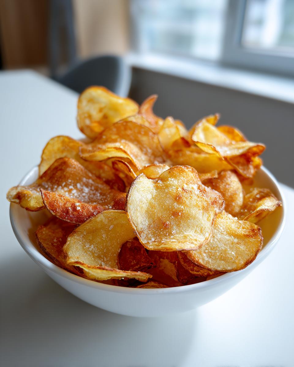 A white bowl overflowing with golden, crispy homemade potato chips sprinkled with coarse salt.