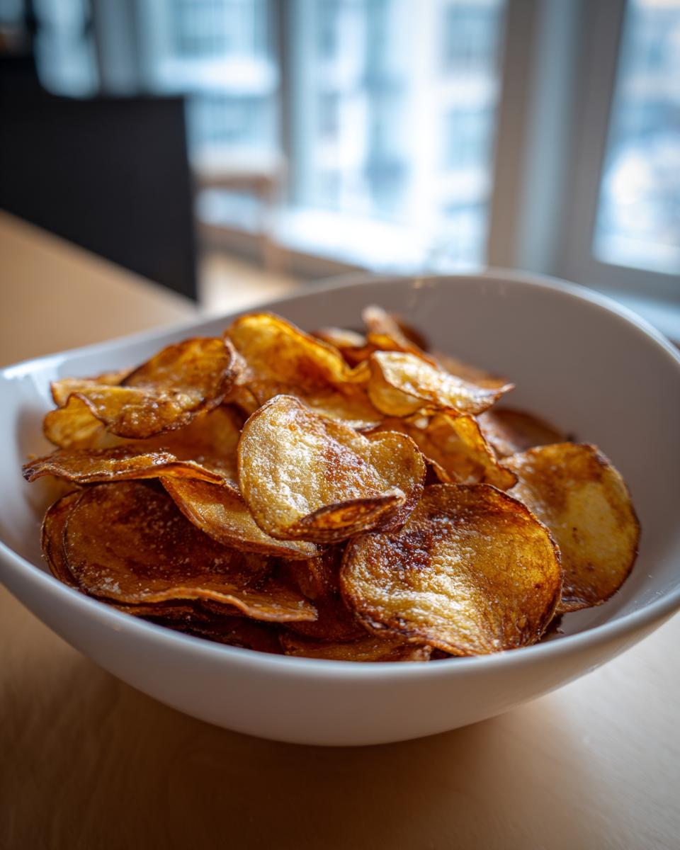 Close-up of a white bowl filled with golden brown, crispy homemade potato chips sprinkled with salt.