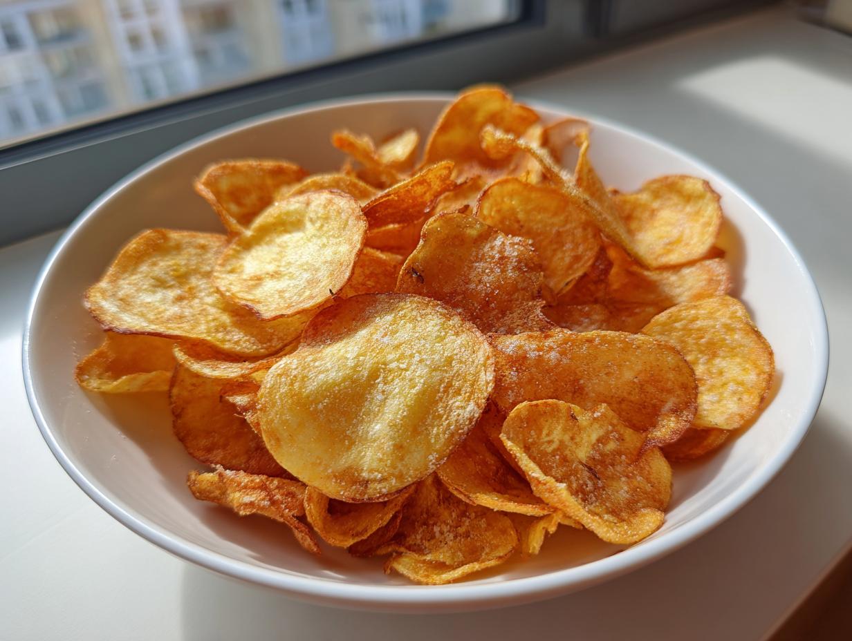 A white bowl filled with golden, crispy homemade potato chips lightly dusted with salt, set near a window.