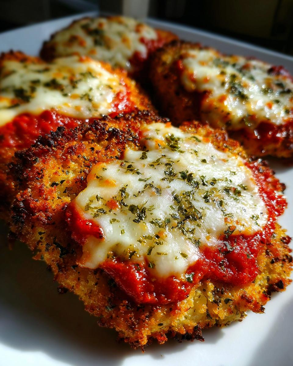 Close-up of crispy breaded keto chicken parmesan topped with marinara sauce and melted mozzarella, sprinkled with herbs.