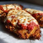 Close-up of a crispy, breaded cutlet topped with marinara sauce and melted mozzarella cheese, a perfect keto chicken parmesan.