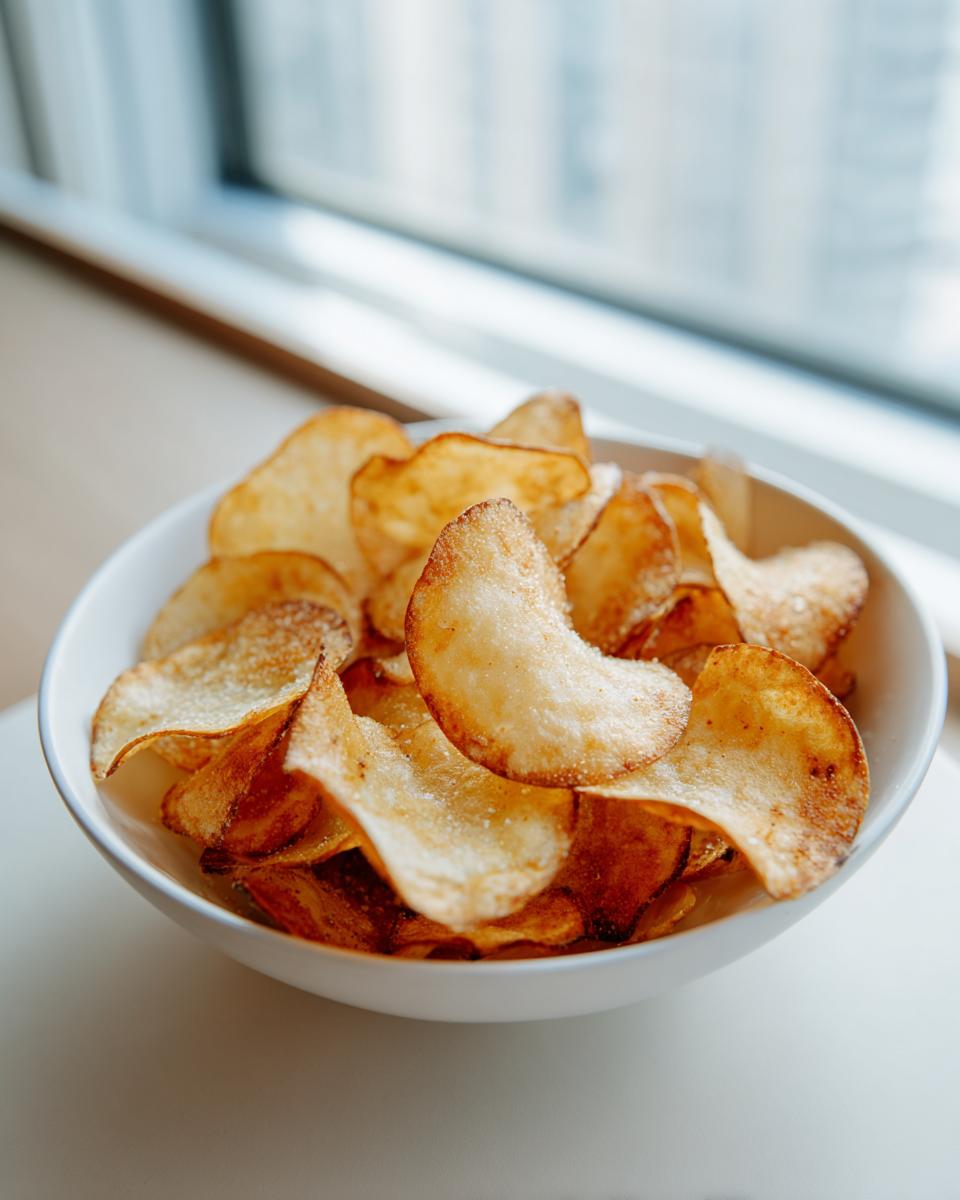 A white bowl filled with golden brown, crispy homemade potato chips seasoned with salt, set near a bright window.
