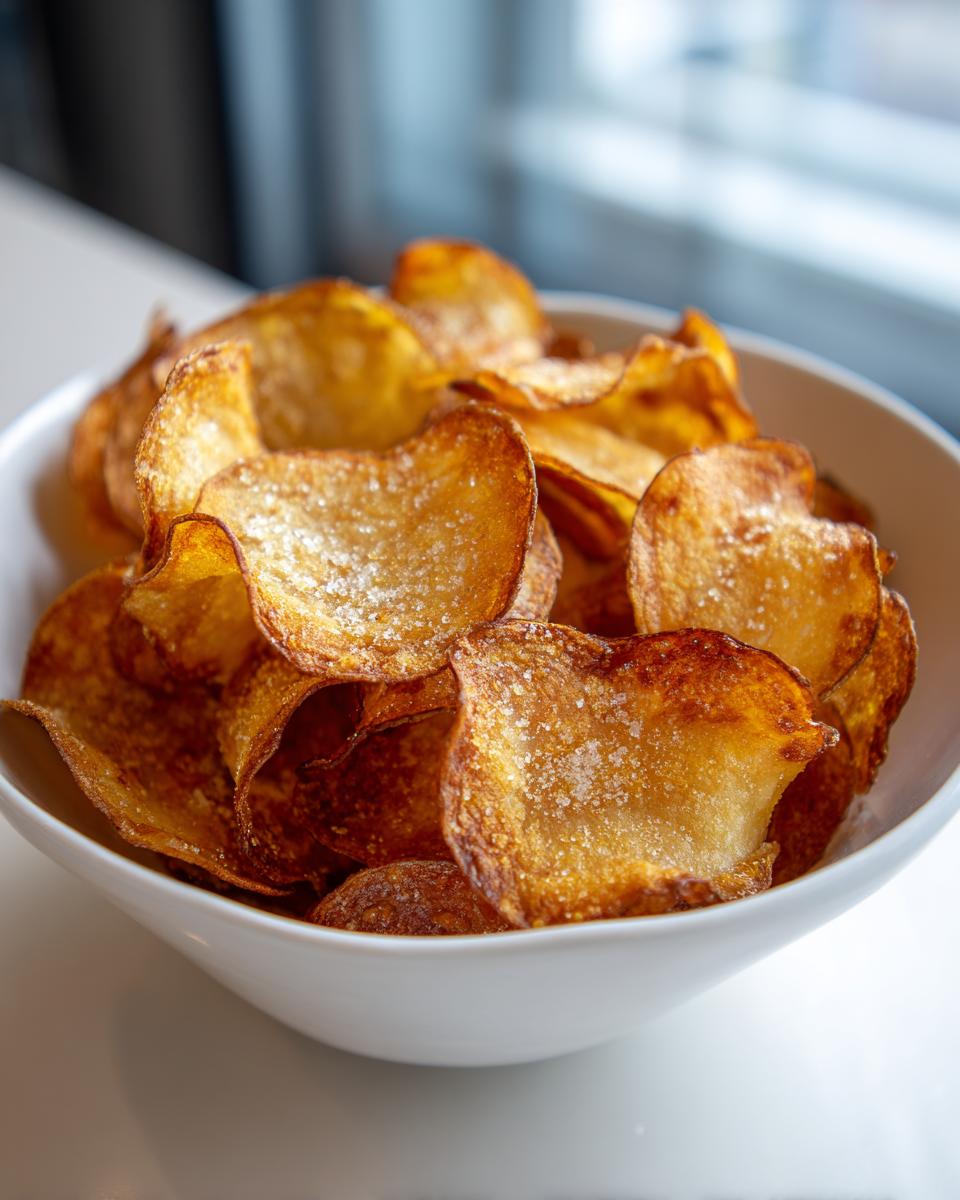 A close-up of freshly made, golden-brown potato chips sprinkled with salt in a white bowl.