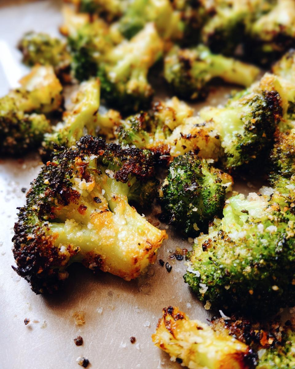 Close-up of perfectly roasted broccoli florets, slightly charred and topped with Parmesan cheese.