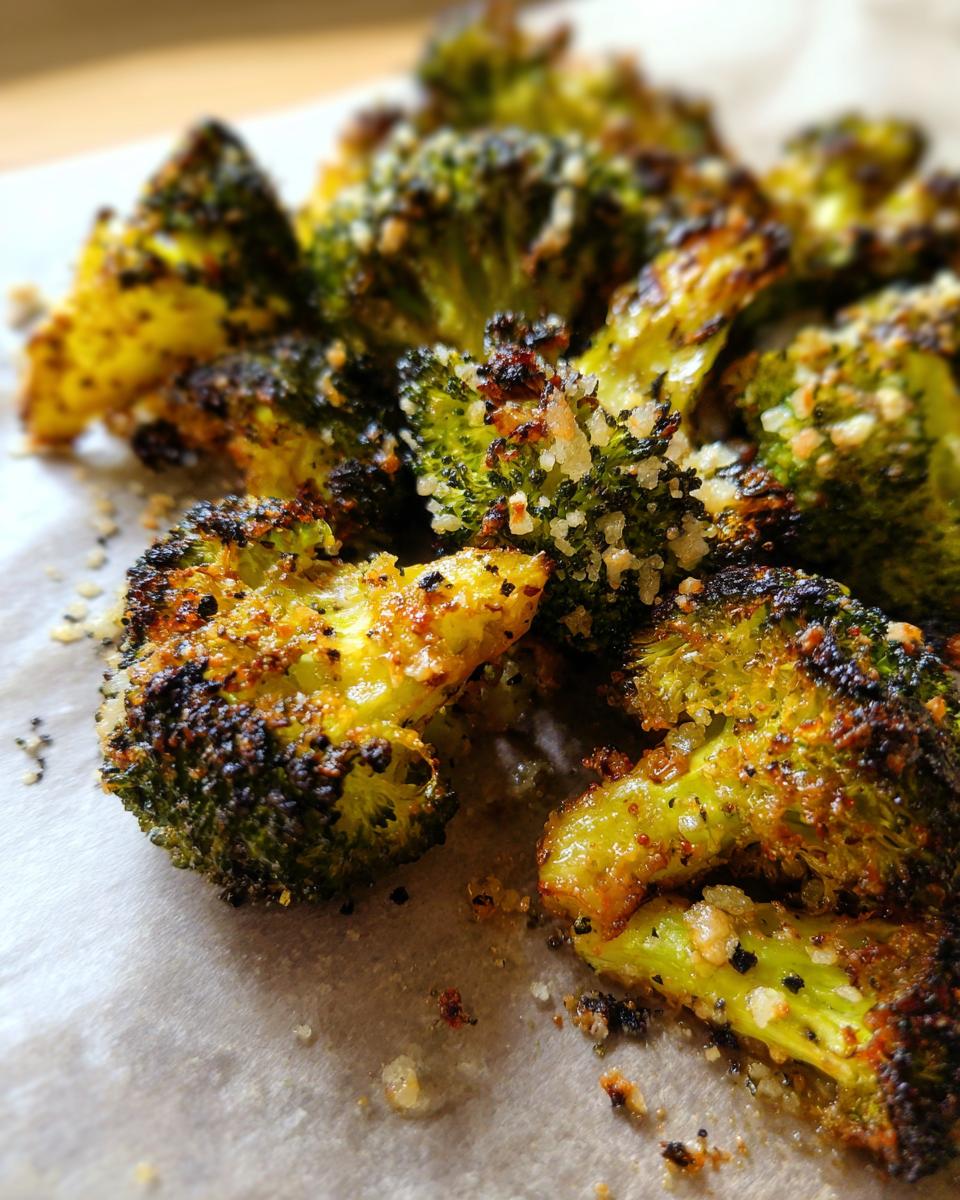 Close-up of intensely caramelized and crispy roasted broccoli florets topped with grated cheese.