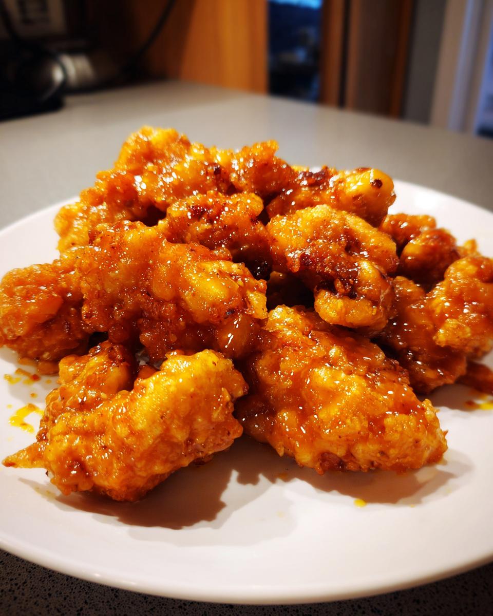 Close-up of crispy, saucy bang bang chicken pieces piled high on a white plate.