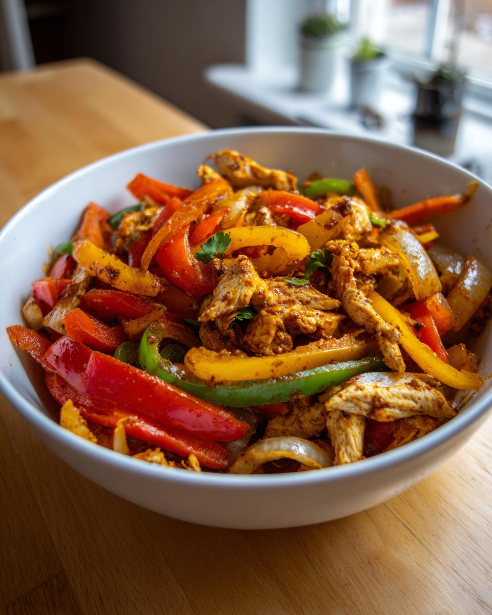 A white bowl filled with seasoned chicken strips, red, yellow, and green bell peppers, and onions for crockpot chicken fajitas.