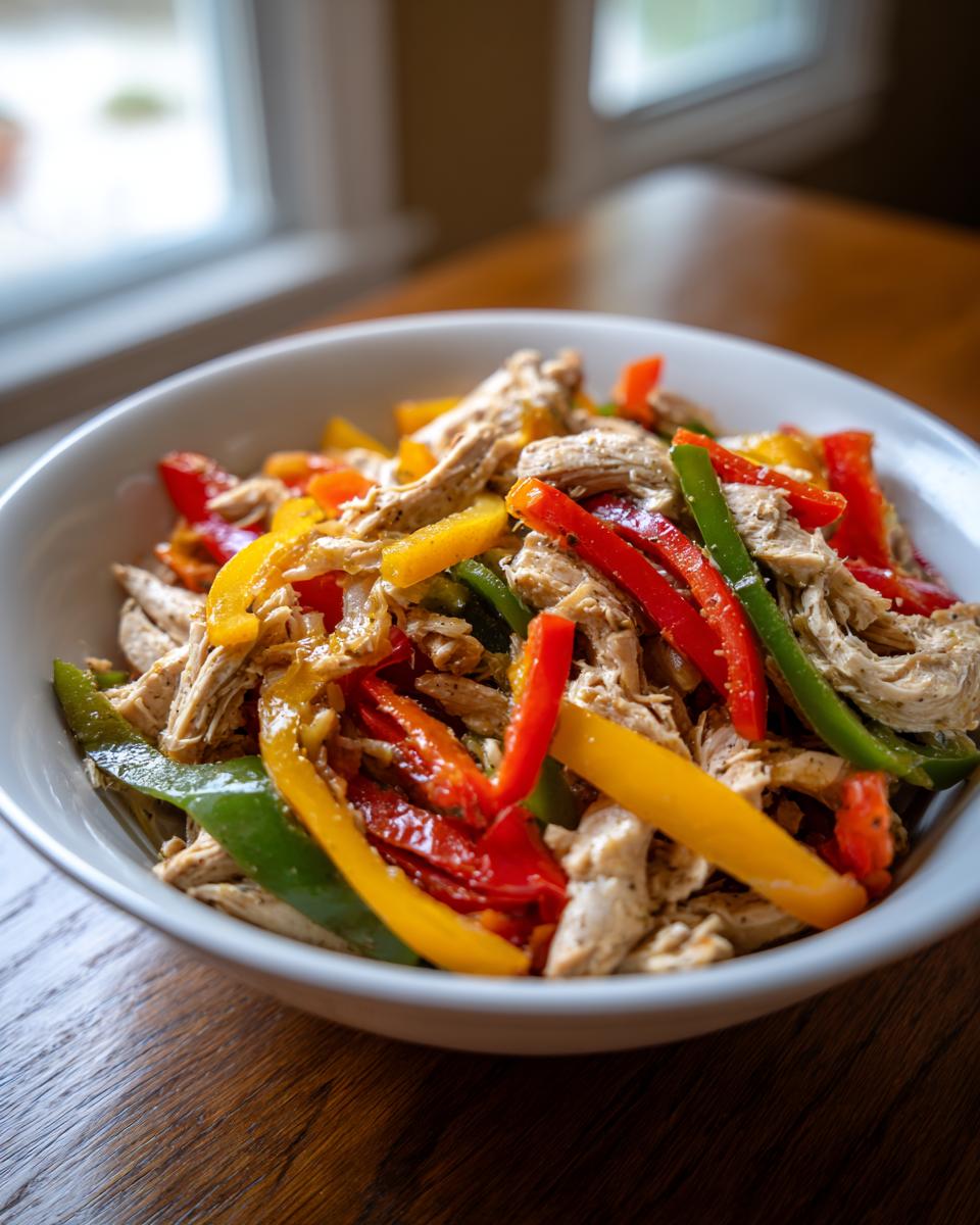 A white bowl filled with shredded chicken and colorful bell pepper strips for crockpot chicken fajitas.