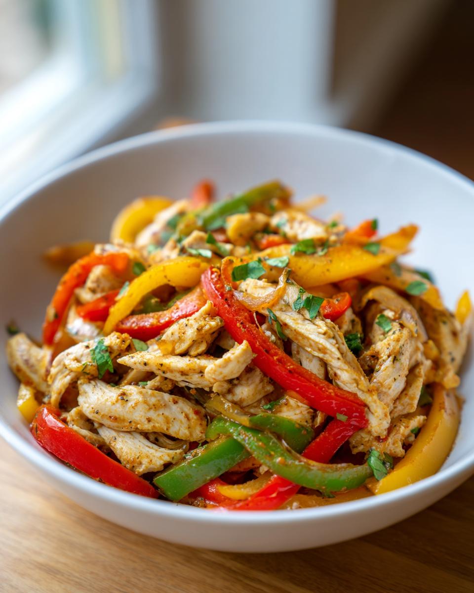 Close-up of seasoned shredded chicken mixed with vibrant red, yellow, and green bell pepper strips for crockpot chicken fajitas.
