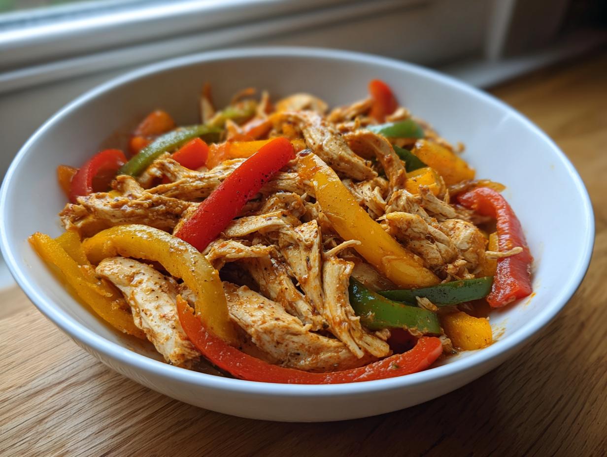 A white bowl filled with shredded chicken and colorful bell pepper strips, ready for crockpot chicken fajitas.