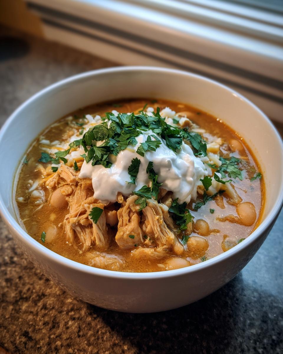 A close-up of a white bowl filled with crockpot white chicken chili, topped with shredded chicken, white beans, sour cream, cheese, and fresh cilantro.