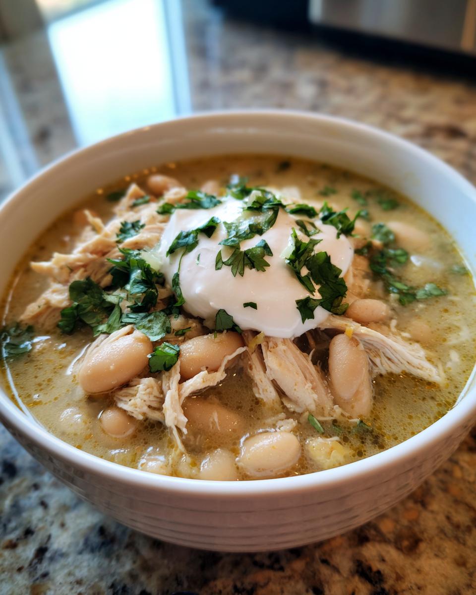 A close-up of a bowl of crockpot white chicken chili topped with sour cream and fresh cilantro.