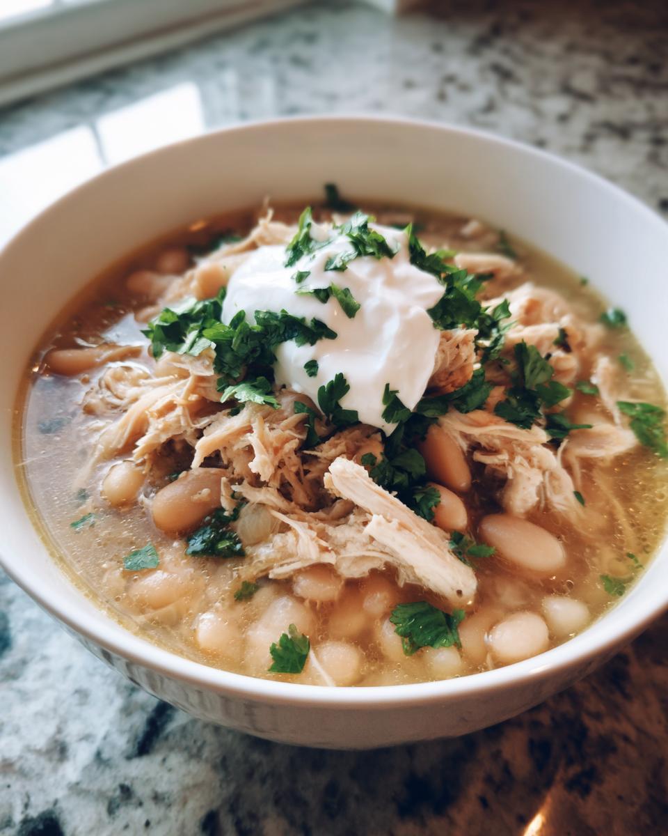 Close-up of a bowl of crockpot white chicken chili featuring shredded chicken, white beans, and topped with sour cream and fresh cilantro.