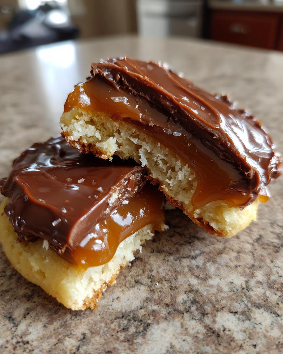 Close-up of a twix cookies cut in half showing the shortbread base, thick caramel layer, and chocolate topping.
