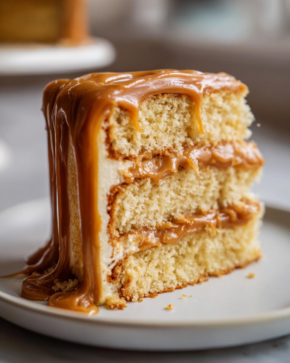 Close-up of a moist slice of caramel cake showing three layers filled with caramel and topped with thick, dripping caramel glaze.