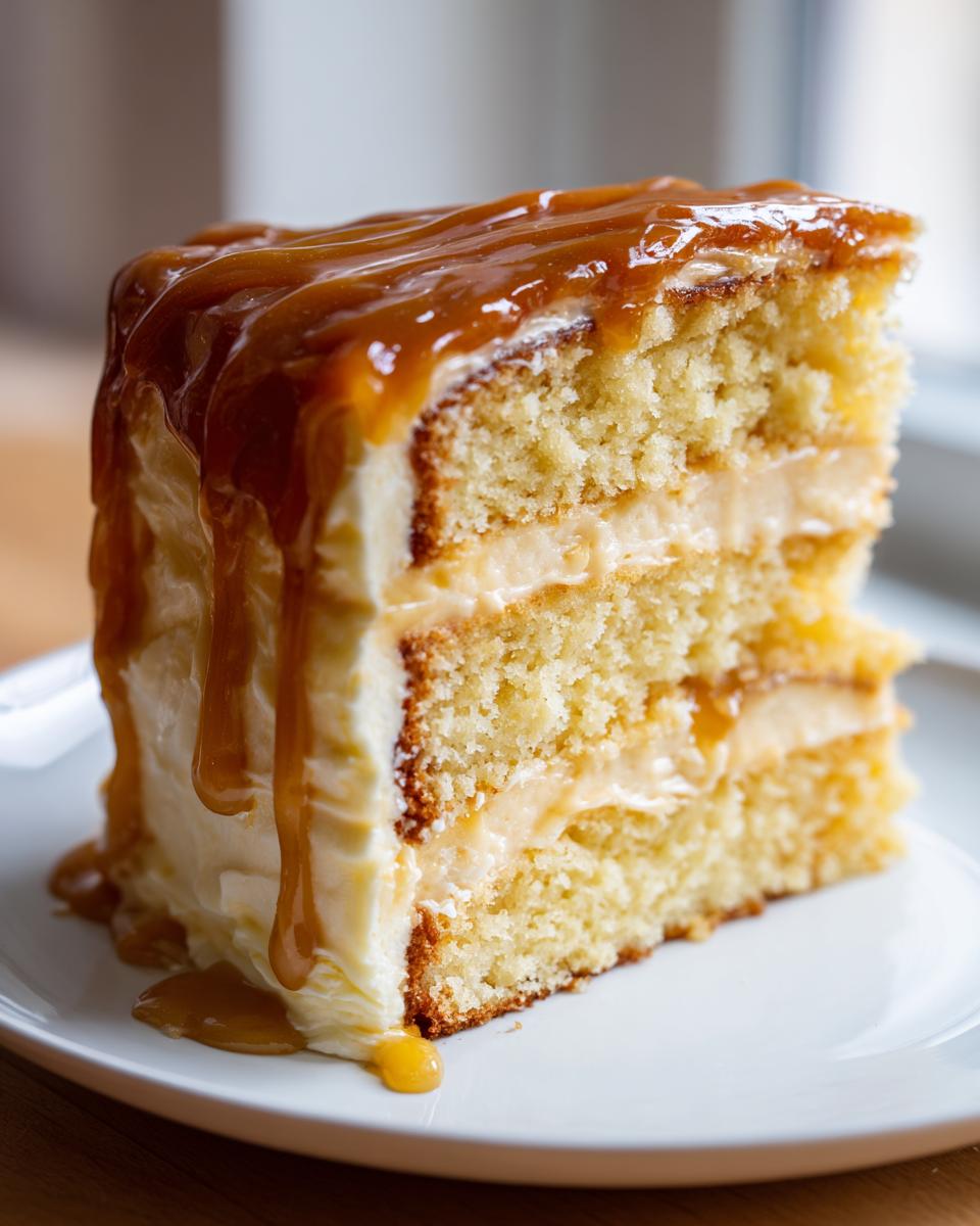 Close-up of a moist slice of three-layer caramel cake covered in thick, dripping caramel sauce.