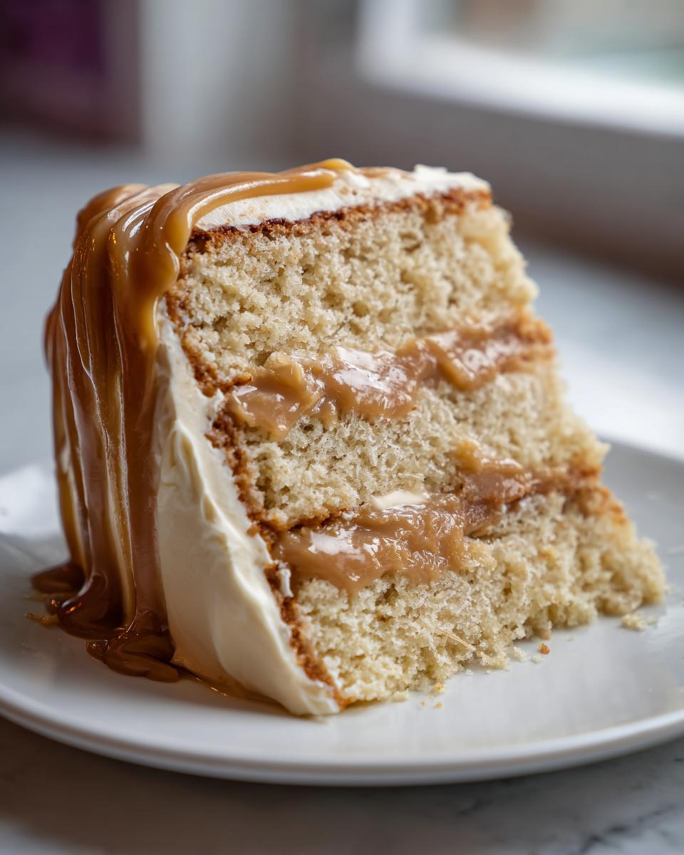 Close-up of a moist slice of caramel cake with thick frosting and dripping caramel sauce.
