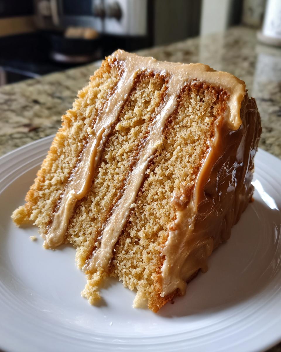 A close-up of a moist slice of caramel cake layered with thick caramel frosting.
