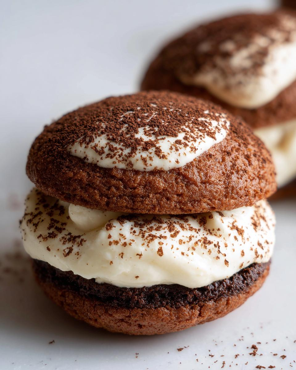 Close-up of a decadent tiramisu cookies sandwich filled with rich cream and dusted heavily with cocoa powder.