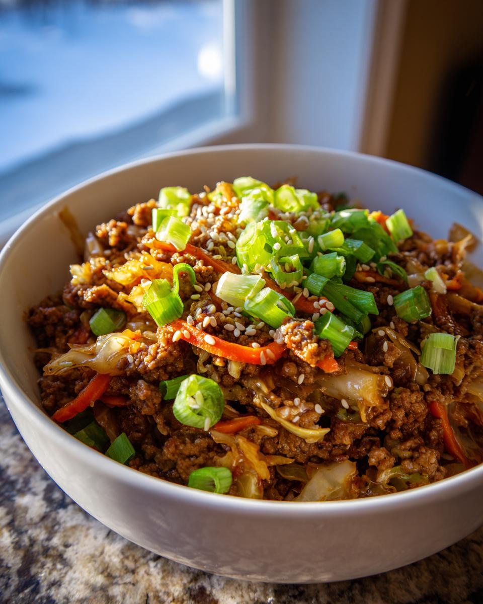 Close-up of a white bowl filled with savory egg roll in a bowl mixture, topped with sesame seeds and fresh green onions.