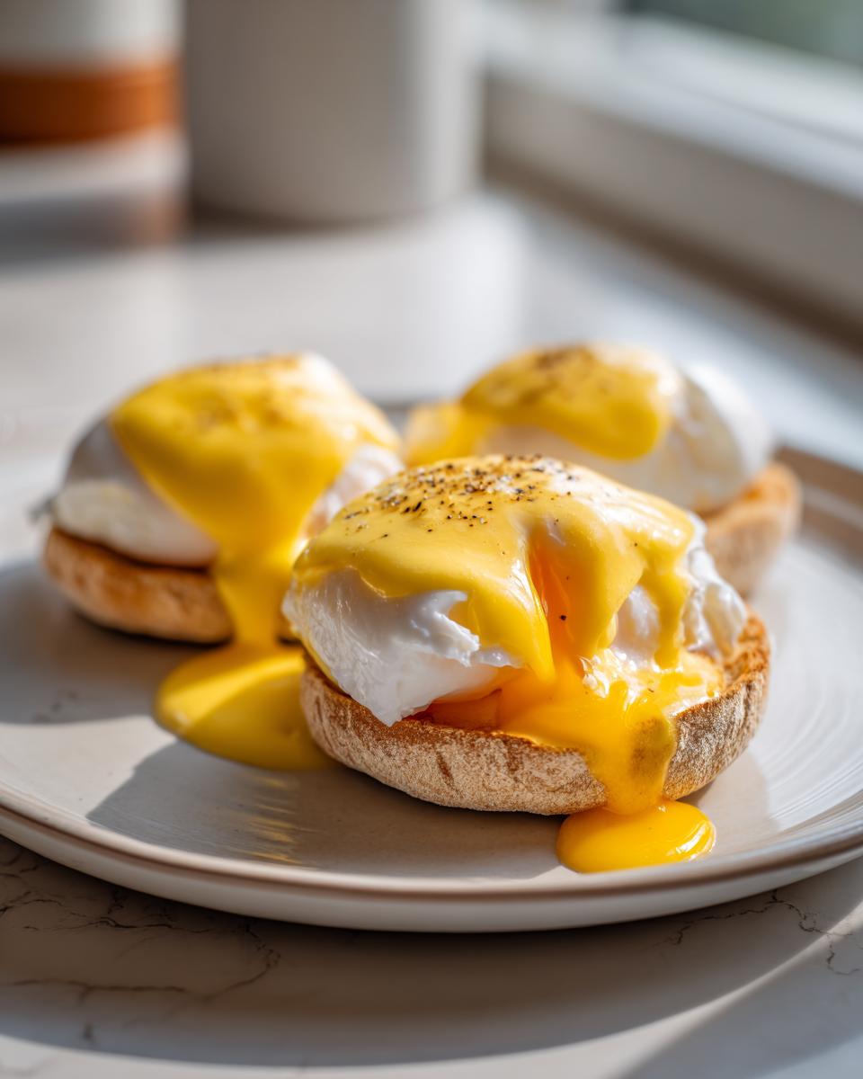 Close-up of Eggs Benedict topped with rich, dripping hollandaise sauce and cracked black pepper.