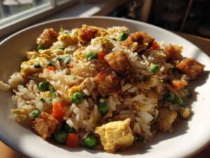 Close-up of a white bowl filled with homemade chicken fried rice, featuring crispy chicken pieces, scrambled egg, peas, and carrots.