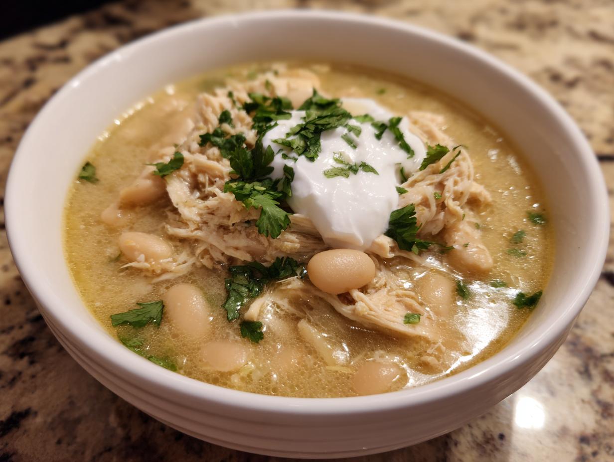 A close-up of a white bowl filled with rich crockpot white chicken chili, topped with shredded chicken, white beans, sour cream, and cilantro.